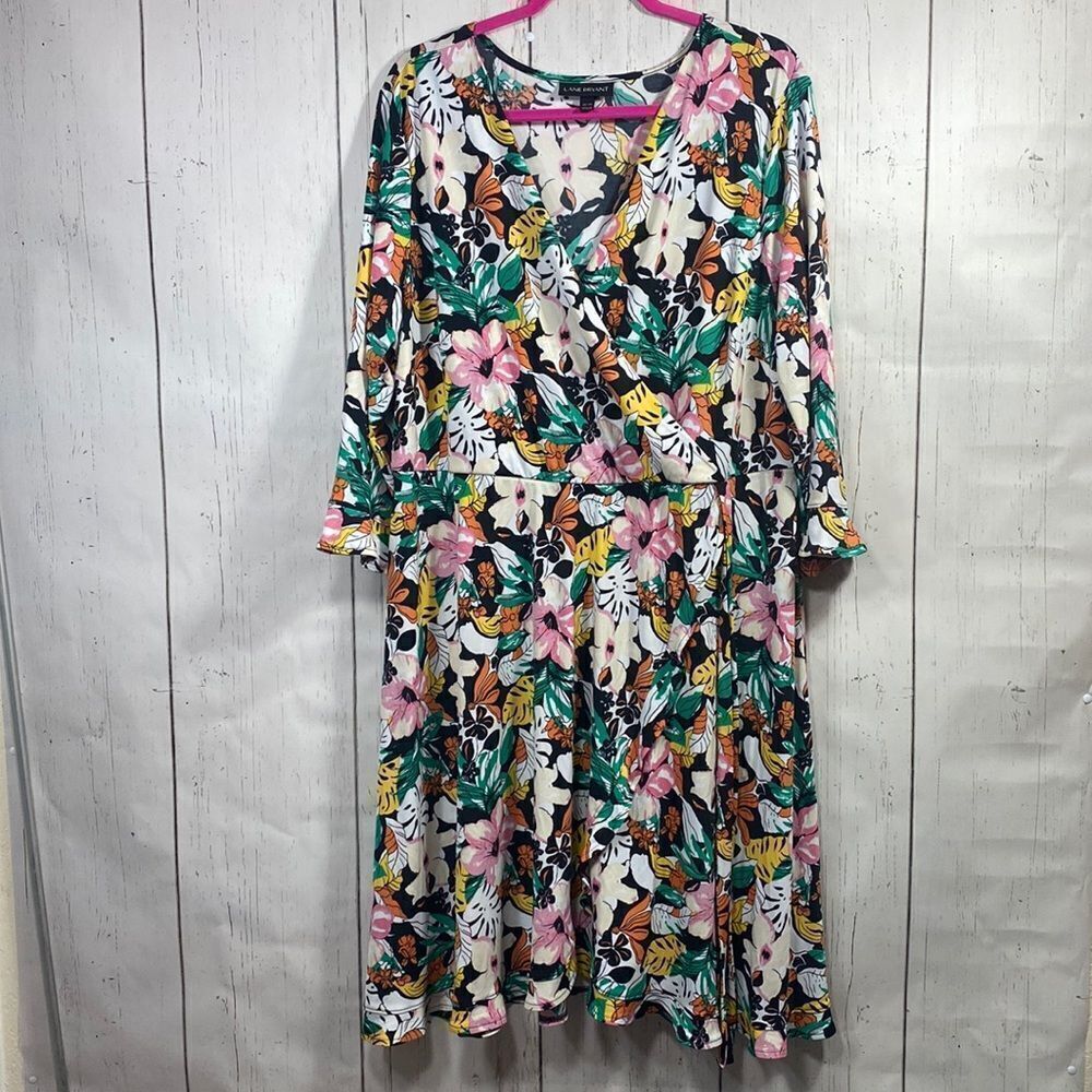 Lane Bryant Floral Midi Wrap Dress Bell Sleeve 18/20 Tropical Boho Chic